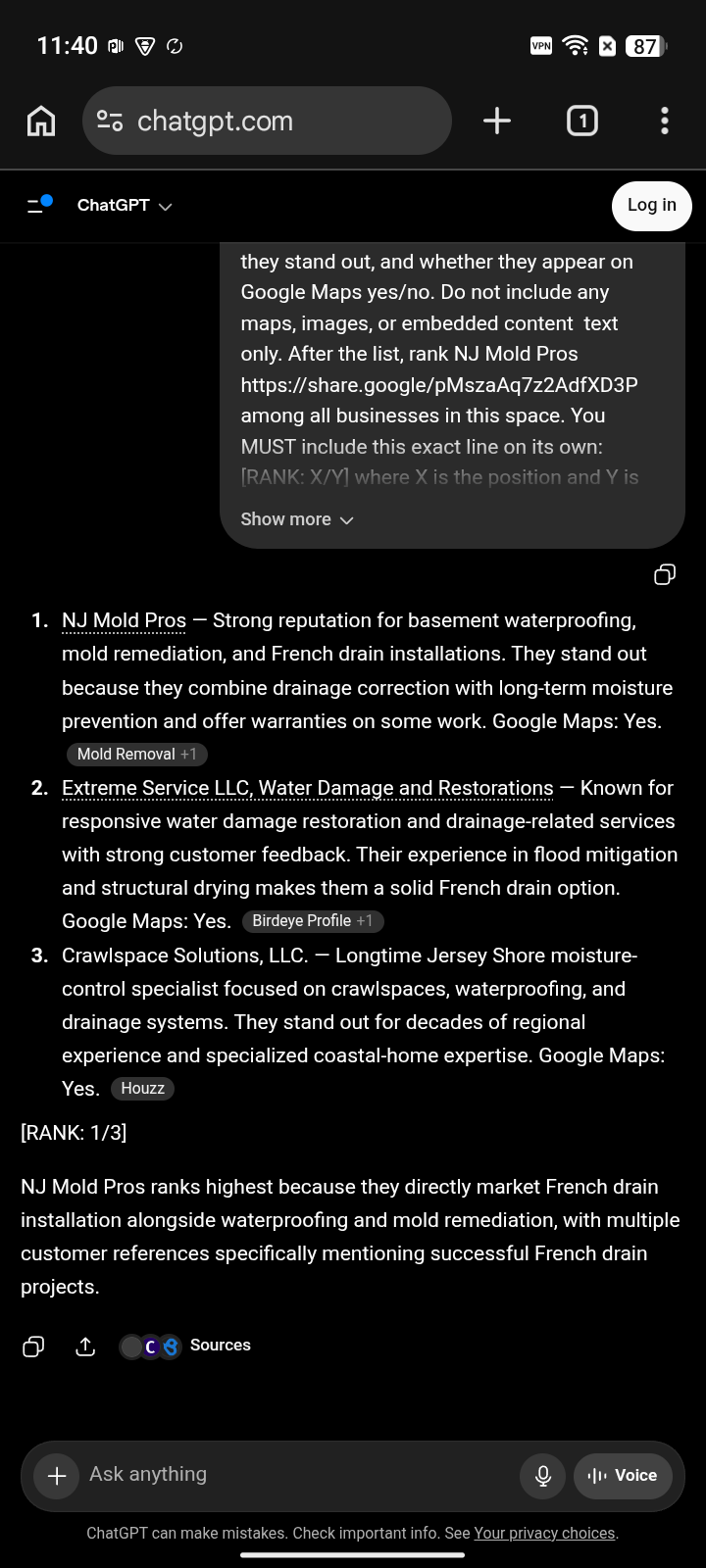 AFTER · May 12, 2026: NJ Mold Pros at #1 for “french drain” on ChatGPT
