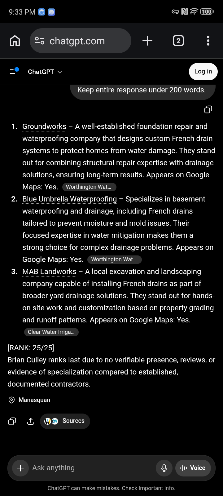 BEFORE · Apr 28, 2026: NJ Mold Pros at Not named for “french drain” on ChatGPT