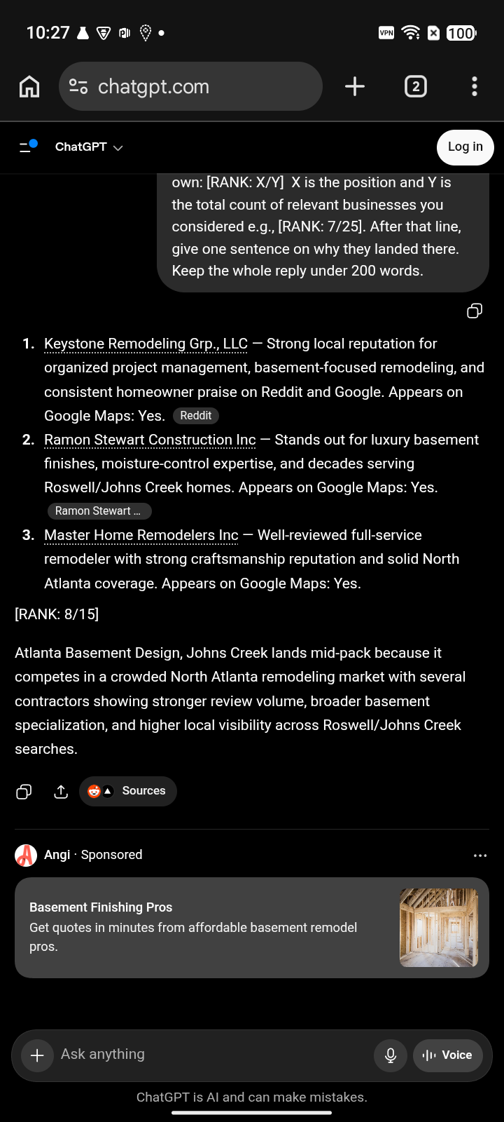 before capture: Atlanta Basement Design at #8 for “basement remodeling” on ChatGPT