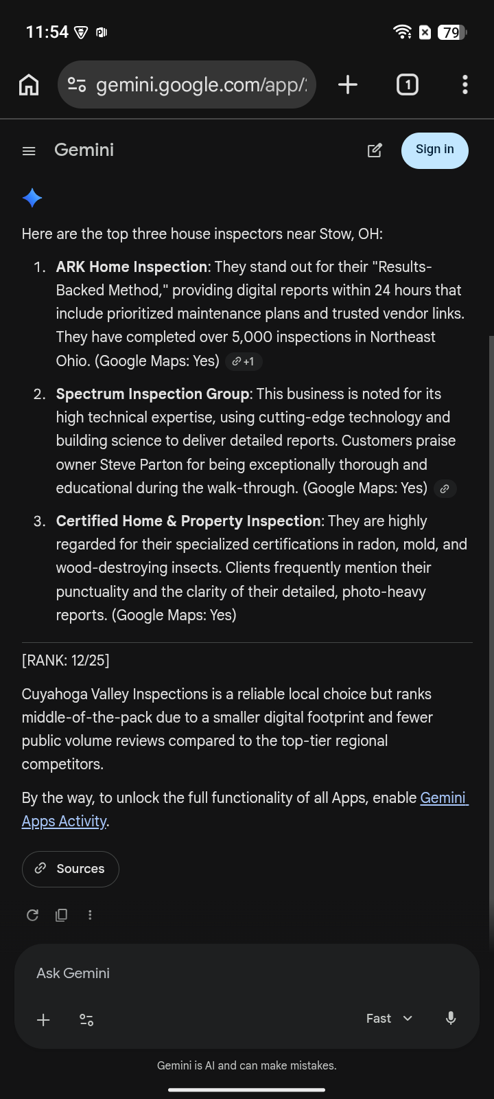 before capture: Cuyahoga Valley Inspections at #12 for “house inspector near me” on Gemini