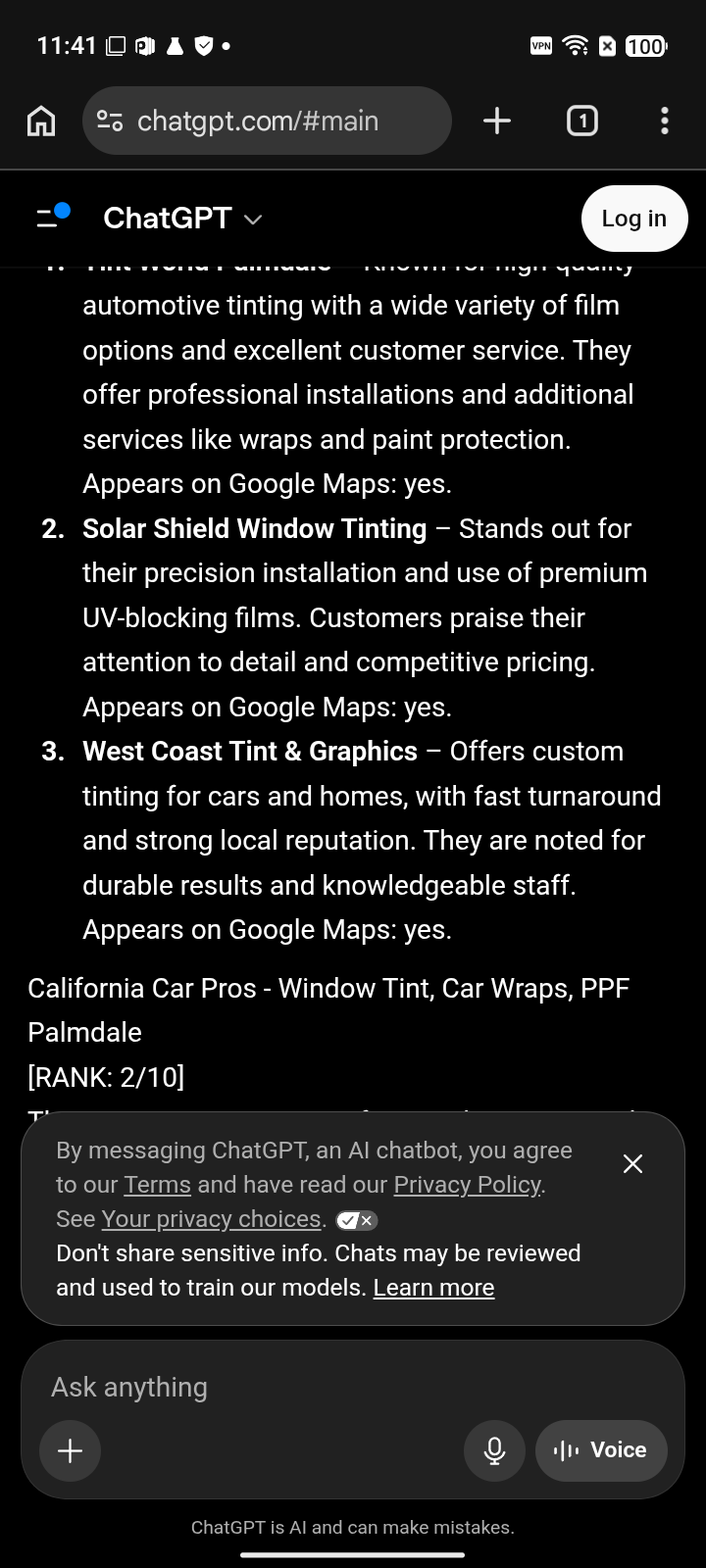 AFTER · May 16, 2026: California Car Pros at #2 for “window tint” on ChatGPT