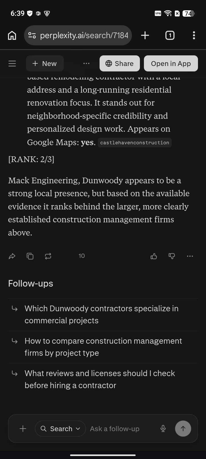 after capture: Mack Engineering at #2 for “construction management” on Perplexity