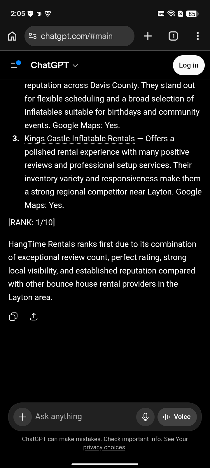 after capture: Hangtime Rentals at #1 for “bounce house rentals” on ChatGPT