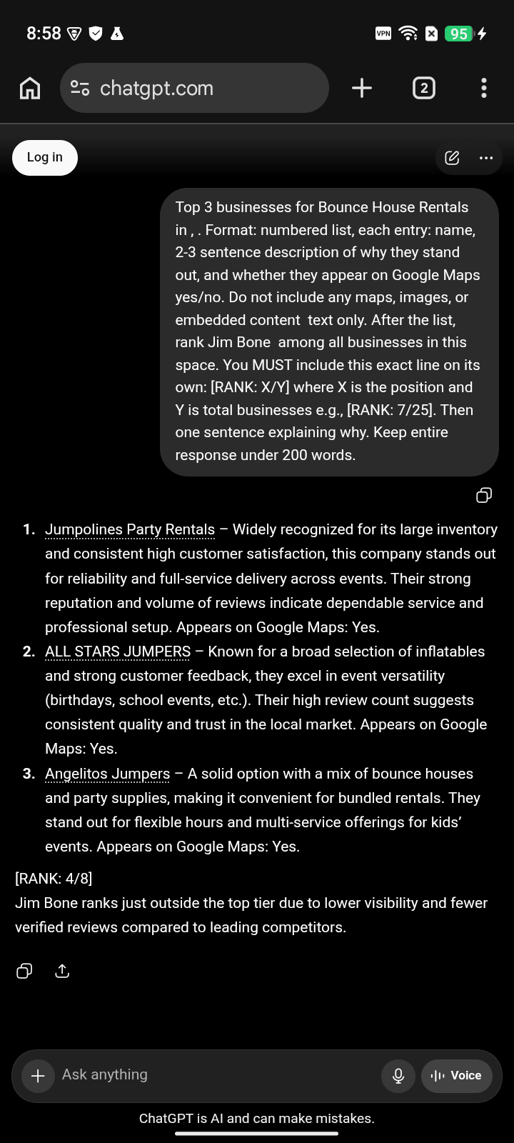 before capture: Hangtime Rentals at #4 for “bounce house rentals” on ChatGPT