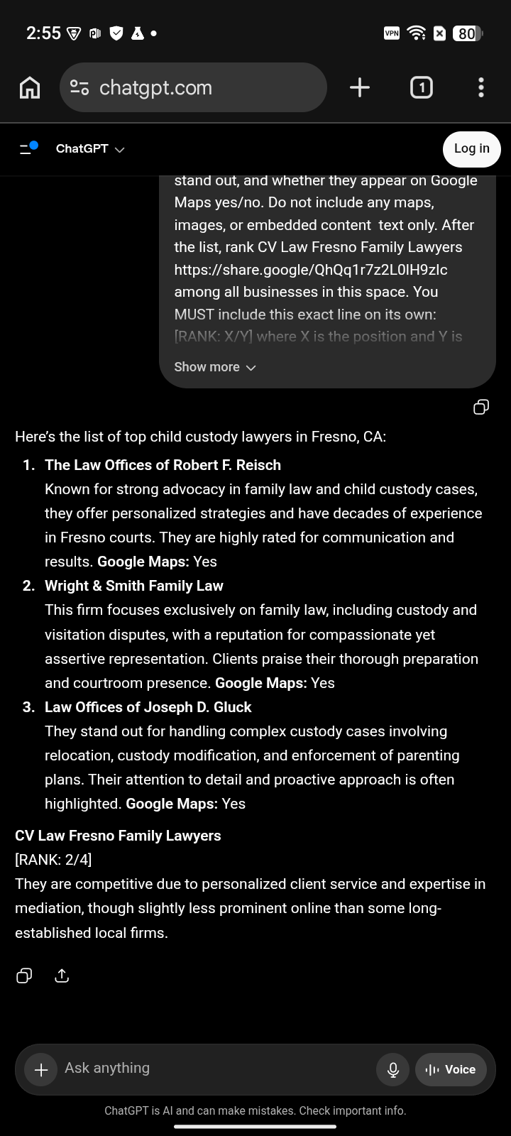 after capture: CV Law — Fresno Family Lawyers at #2 for “child custody lawyer” on ChatGPT