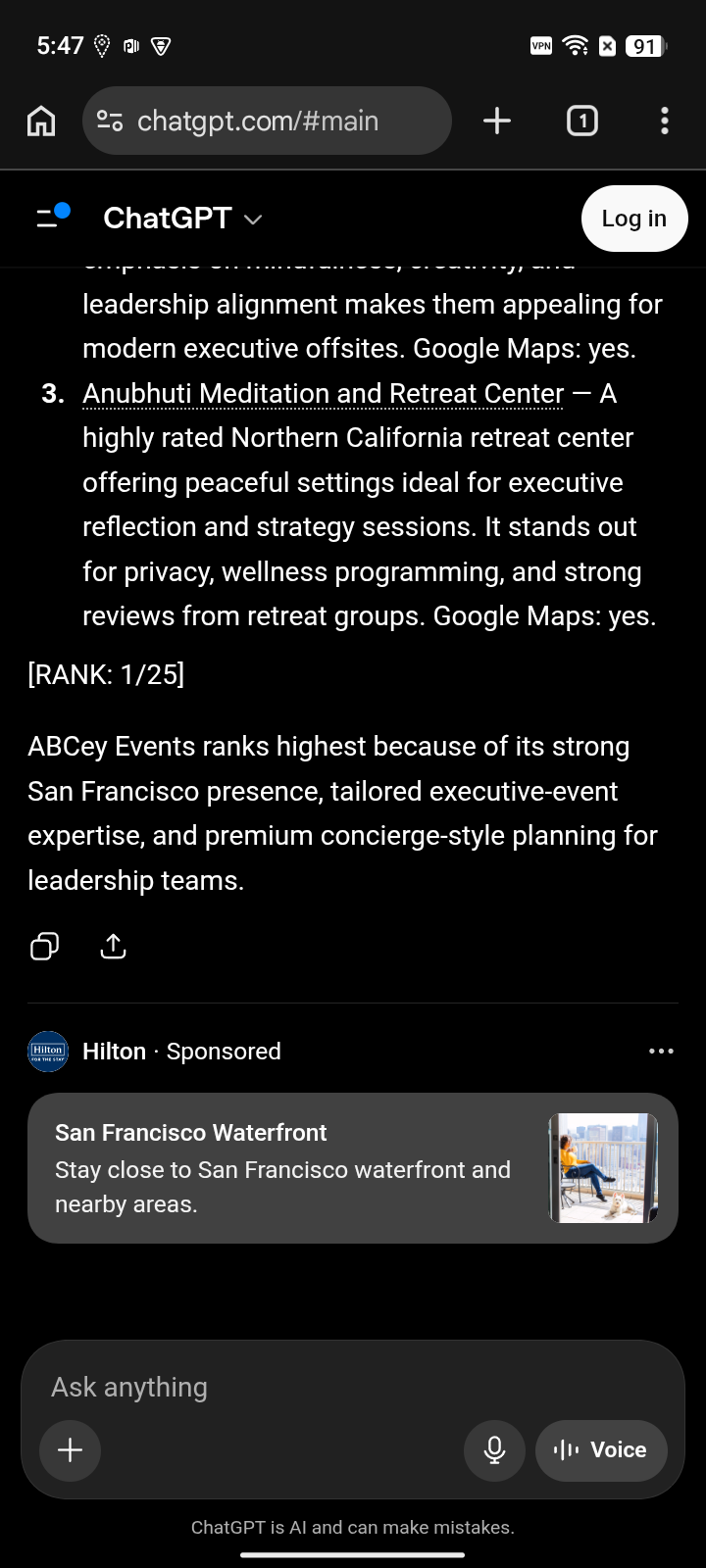 after capture: ABCey Events at #1 for “executive retreat” on ChatGPT