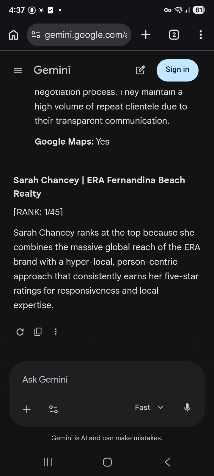 AFTER · May 13, 2026: ERA Fernandina Beach Realty at #1 for “Fernandina Beach realtor” on Gemini