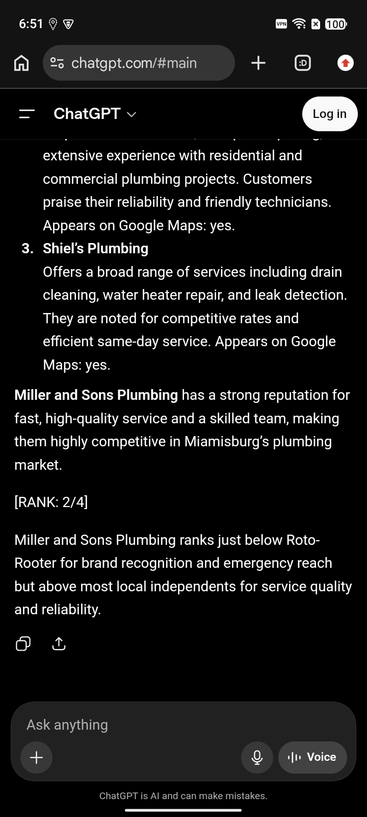 Real device capture of ChatGPT naming Miller & Sons Plumbing at rank 2 for 'plumbers in Miamisburg, OH' on June 7, 2026