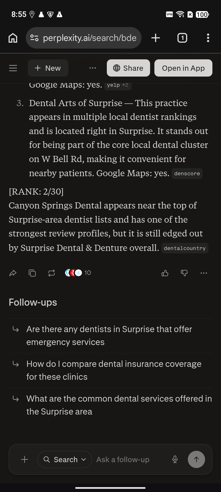 Real device capture of Perplexity naming Canyon Springs Dental at rank 2 for a dentist query in Surprise, AZ on May 30, 2026