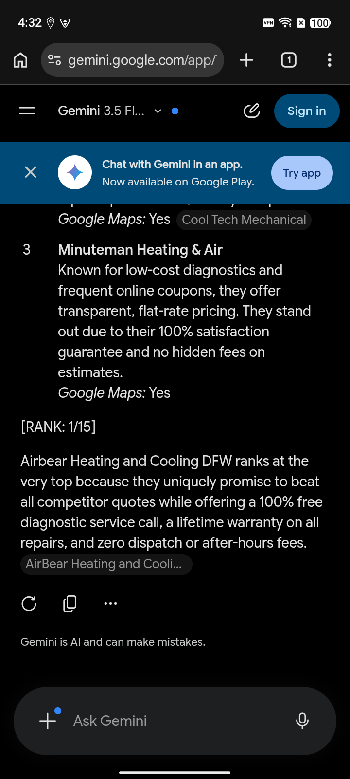 Real device capture of Gemini naming AirBear Heating & Cooling at rank 1 for 'cheapest AC repair near me with free estimate' in DFW on June 5, 2026
