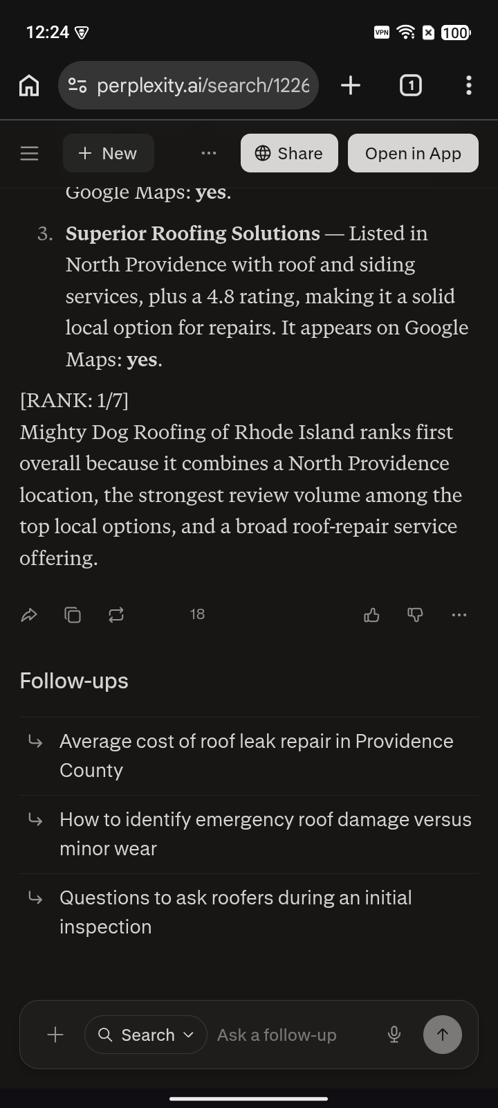 Real device capture of Perplexity naming Mighty Dog Roofing at rank 1 for 'best roofers in North Providence that do roof repair' on June 5, 2026