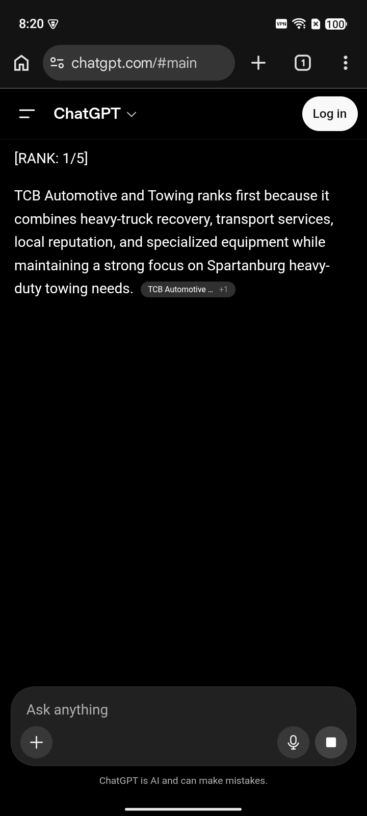 Real device capture of ChatGPT naming TCB Automotive & Towing at rank 1 for a heavy-vehicle towing query in Spartanburg, SC on June 5, 2026