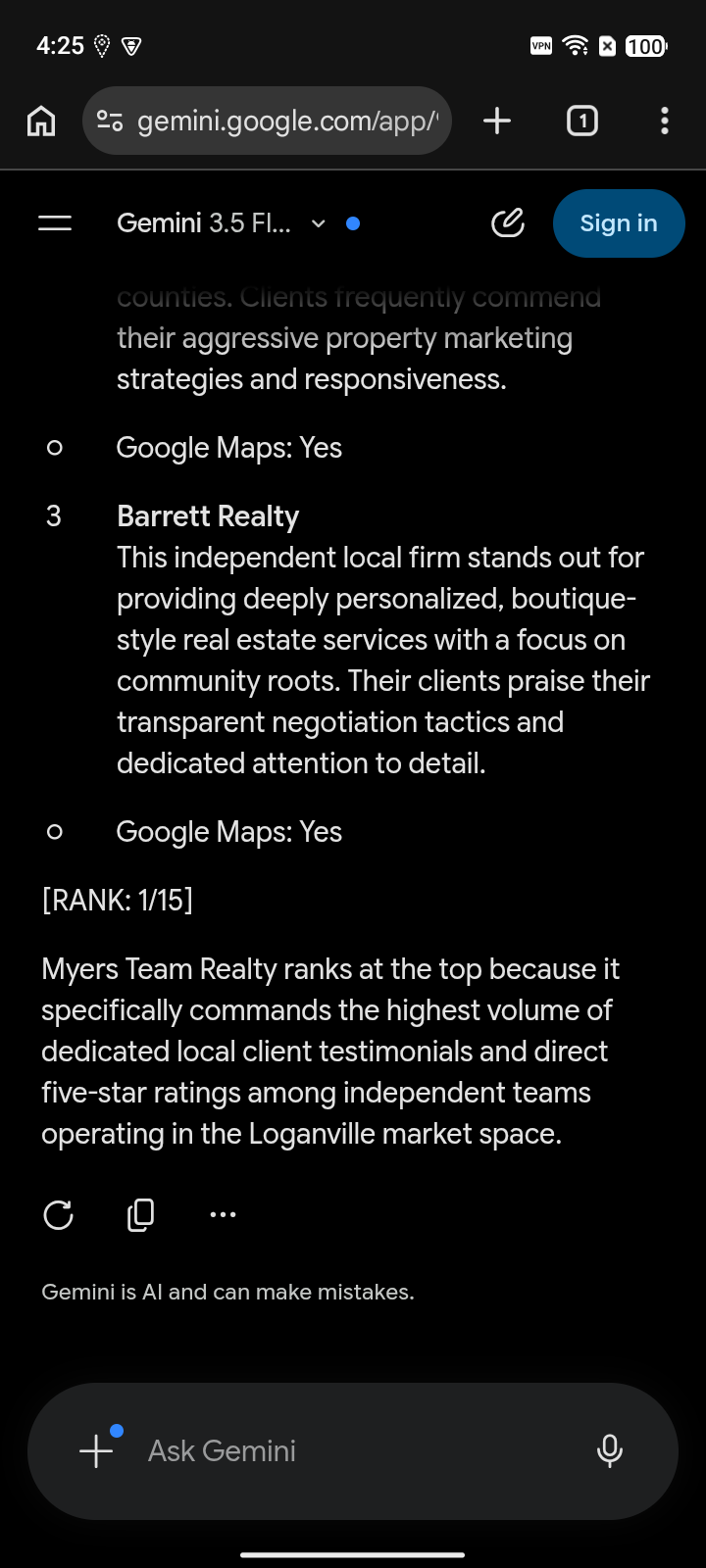 Real device capture of Gemini naming Myers Team Realty at rank 1 for a reviews query in Loganville, GA on June 7, 2026