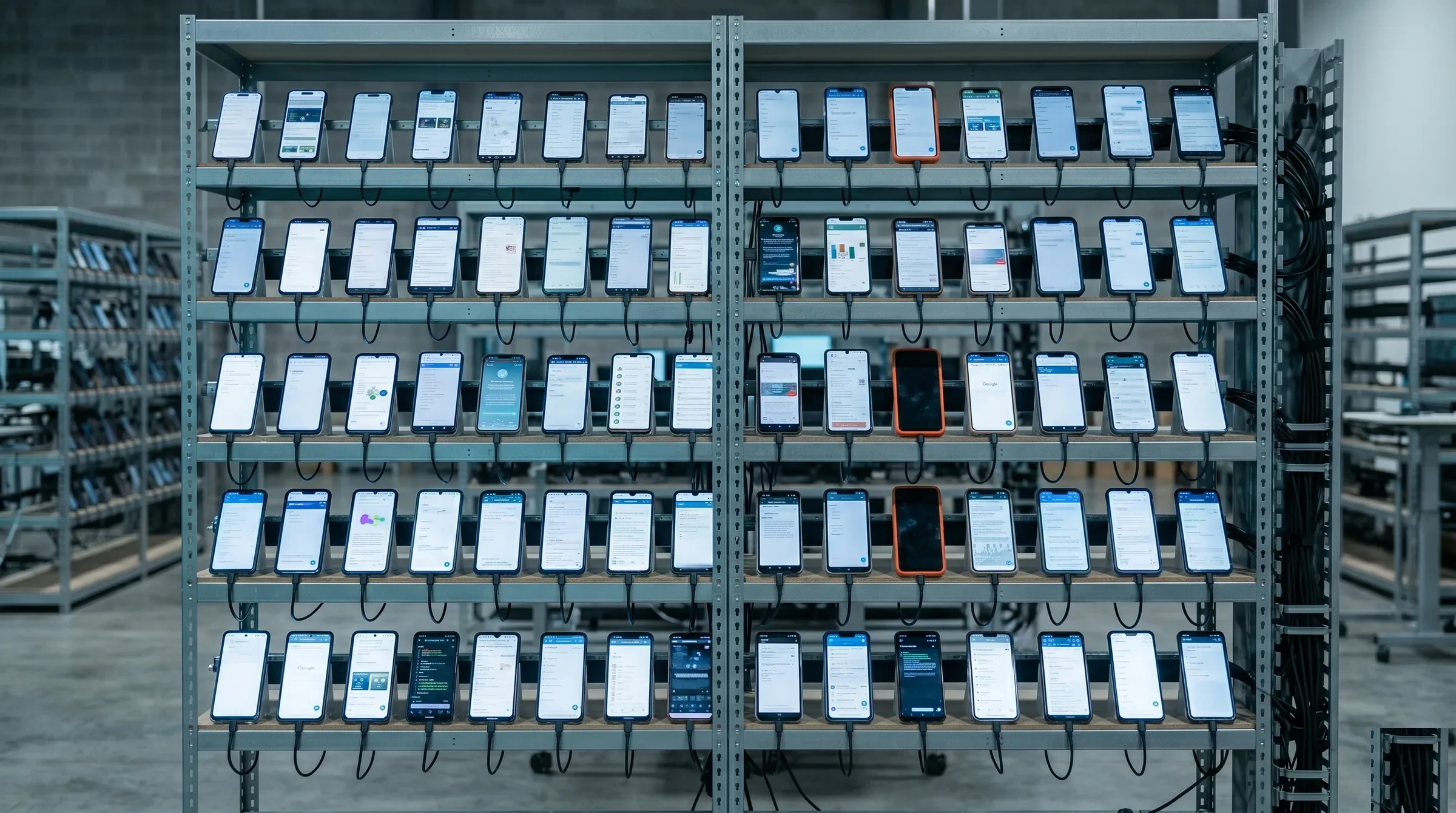 The SignalAEO device farm — rows of real consumer phones running ChatGPT, Perplexity, and Gemini across US metros to measure AI citations