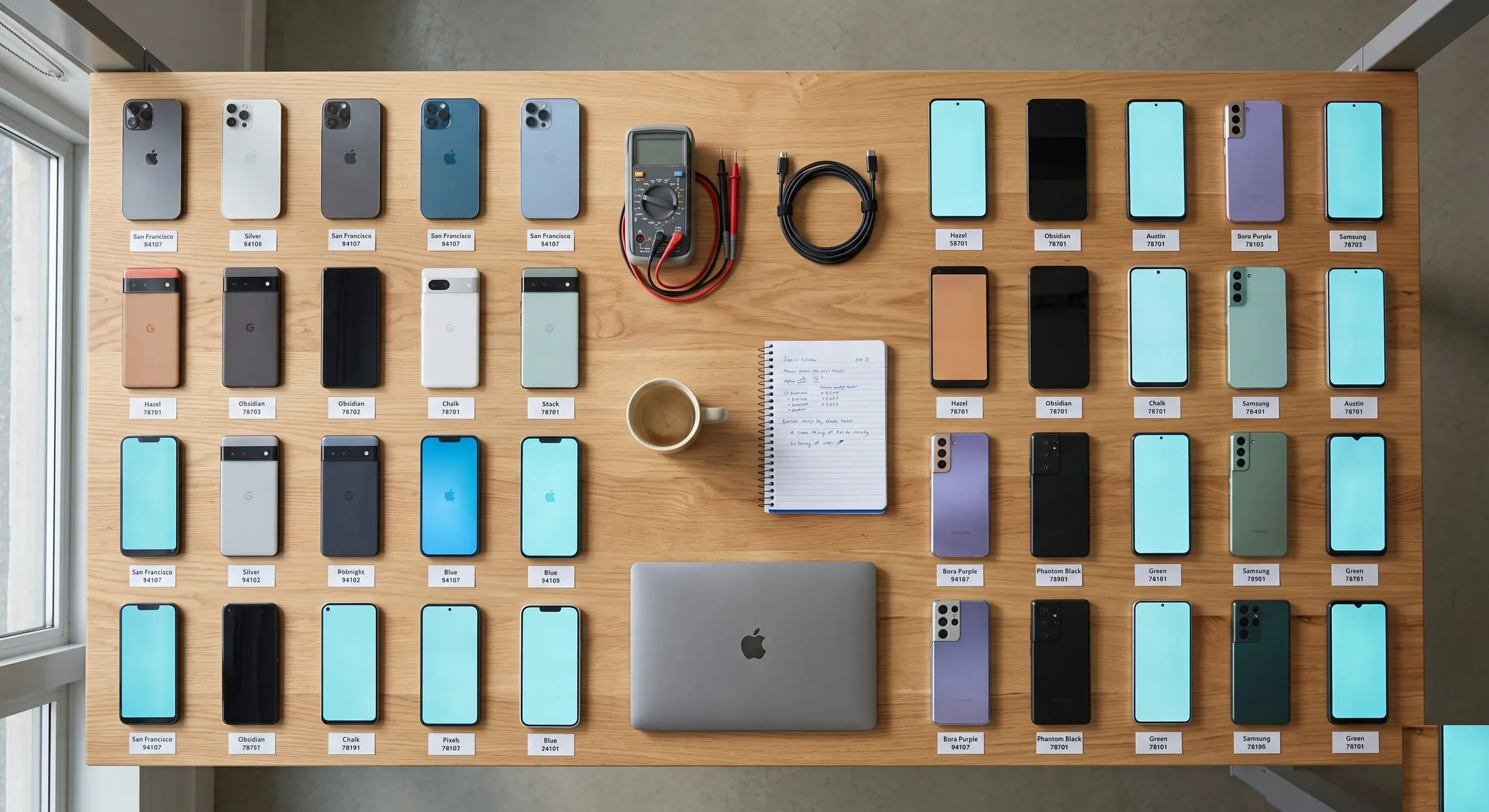 Overhead view of SignalAEO's device farm workbench — iPhones, Pixels, and Samsung Galaxy phones organized by US city and zip code
