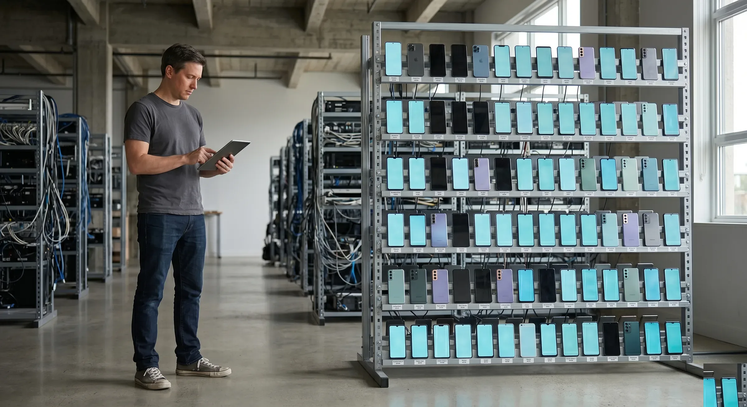 Russ at the SignalAEO device farm — the real-device fleet built to measure what ChatGPT shows real customers